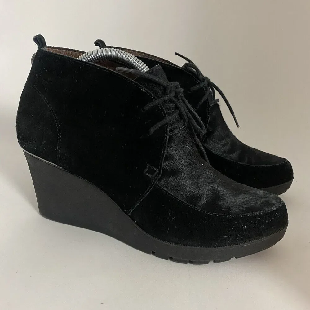 Donald J Pliner Women Sz 8 M Black Suede Nilos Ankle Wedge Booties Boots Lace Up